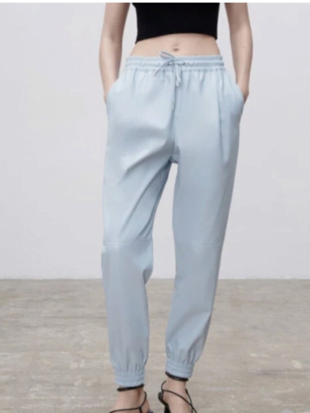 Zara Elastic Waistband Blue Casual Faux leather Joggers Pants Size S